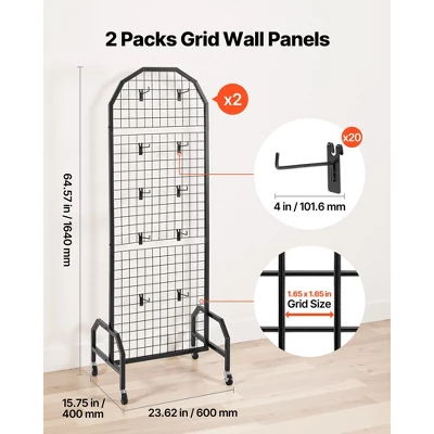 VEVOR 2 Packs Grid Wall Panels, 1.9 X 5.4 Ft Wire Grid Panels Display Rack, Movable Art Display Shelf With Wheels And 20 Hooks, Black 6 VEVOR 2 Packs Grid Wall Panels, 1.9 X 5.4 Ft Wire Grid Panels Display Rack, Movable Art Display Shelf With Wheels And 20 Hooks, Black - Image 6