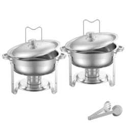 VEVOR Chafing Dish Buffet Set, 5 Qt 2 Pack, Stainless Steel Chafer With 2 Full Size Pans, Round Catering Warmer Server With Lid Water Pan, Silver -Aesthtic Interiors GUEST 4c904333 6784 49c5 9fdd 3e3090331679