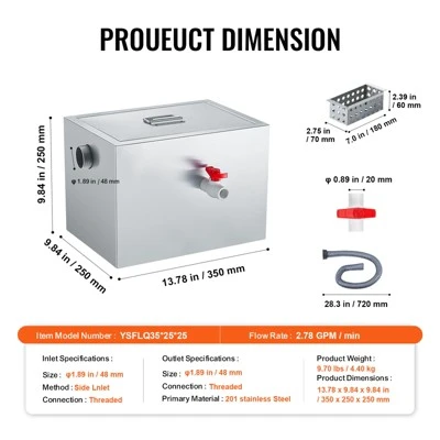VEVOR Commercial Grease Trap, 8 LBS Grease Interceptor, Side Inlet Interceptor,Stainless Steel Grease Trap, 2.8 GPM Waste Water Oil-water Separator 7 VEVOR Commercial Grease Trap, 8 LBS Grease Interceptor, Side Inlet Interceptor,Stainless Steel Grease Trap, 2.8 GPM Waste Water Oil-water Separator - Image 7