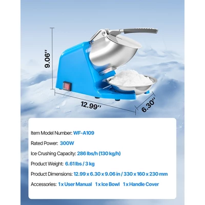 VEVOR Ice Crusher Machine, 286lbs Per Hour Electric 4 Blades Snow Cone Maker, Stainless Steel Shaved Ice Machine With Bowl And Cover, Blue 7 VEVOR Ice Crusher Machine, 286lbs Per Hour Electric 4 Blades Snow Cone Maker, Stainless Steel Shaved Ice Machine With Bowl And Cover, Blue - Image 7