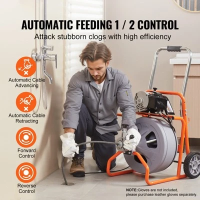 VEVOR Drain Cleaner Machine 75FT X 1/2 Inch, Auto Feed Sewer Snake Drain Auger On Wheels, Portable Drain Cleaning Machine, Gray 2 VEVOR Drain Cleaner Machine 75FT X 1/2 Inch, Auto Feed Sewer Snake Drain Auger On Wheels, Portable Drain Cleaning Machine, Gray - Image 2