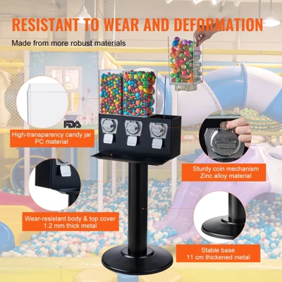 VEVOR Commercial Vending Machine, Triple Compartment Candy Dispenser With Iron Stand, Gumball And Candy Machine For Business, Black 3 VEVOR Commercial Vending Machine, Triple Compartment Candy Dispenser With Iron Stand, Gumball And Candy Machine For Business, Black - Image 3