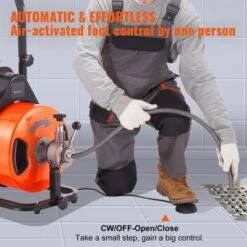 VEVOR Drain Cleaning Machine 75 FT X 1/2 Inch, Sewer Auger Auto Feed With 4 Cutter & Air-activated Foot Switch For 1" To 4" Pipes, Orange, Black -Aesthtic Interiors GUEST 4dfb10a9 4429 4945 bdac 98876f59a6c4