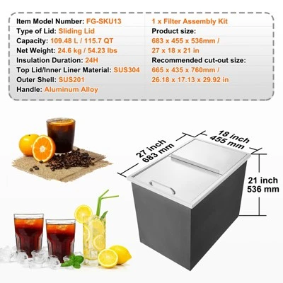 VEVOR Drop In Ice Chest, 27"L X 18"W X 21"H Stainless Steel Ice Cooler, Commercial Ice Bin With Sliding Cover, 40.9 Qt Outdoor Kitchen Ice Bar 7 VEVOR Drop In Ice Chest, 27"L X 18"W X 21"H Stainless Steel Ice Cooler, Commercial Ice Bin With Sliding Cover, 40.9 Qt Outdoor Kitchen Ice Bar - Image 7