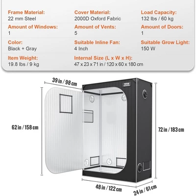 VEVOR Grow Tent, High Reflective 2000D Hydroponic Indoor Plant Growing System With Observation Window, Tool Bag, Floor Tray, 4x2’, Black/Gray 1 VEVOR Grow Tent, High Reflective 2000D Hydroponic Indoor Plant Growing System With Observation Window, Tool Bag, Floor Tray, 4x2’, Black/Gray