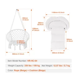 VEVOR Hanging Hammock Swing Chair, 330 Lbs Capacity, Macramé Hanging Chair With Cushion And Mounting Hardware, Cotton Rope Swing Chair, Beige -Aesthtic Interiors GUEST 51d1b20e 4f08 4c8e 83c4 2260fe744c76