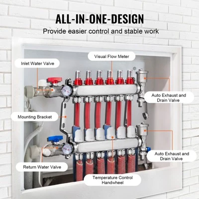 VEVOR 6-Branch Radiant Heat Manifold, 1/2" PEX Tubing Manifold, Stainless Steel PEX Manifold For Hydronic Radiant Floor Heating, Silver 4 VEVOR 6-Branch Radiant Heat Manifold, 1/2" PEX Tubing Manifold, Stainless Steel PEX Manifold For Hydronic Radiant Floor Heating, Silver - Image 4