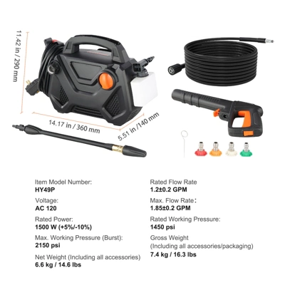 VEVOR Electric Pressure Washer, 2150-PSI 1.85-GPM, Foam Cannon High-Pressure With 5 Different Nozzle, 20ft Hose/35ft Cord Lightweight Washer, Black 7 VEVOR Electric Pressure Washer, 2150-PSI 1.85-GPM, Foam Cannon High-Pressure With 5 Different Nozzle, 20ft Hose/35ft Cord Lightweight Washer, Black - Image 7