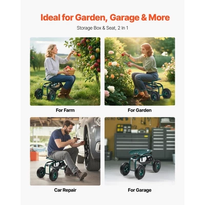 VEVOR Rolling Garden Cart With Swivel Seat, Heavy Duty Garden Seat With Storage Basket & Tool Tray, 300 Lbs Weight Capacity, Green 6 VEVOR Rolling Garden Cart With Swivel Seat, Heavy Duty Garden Seat With Storage Basket & Tool Tray, 300 Lbs Weight Capacity, Green - Image 6