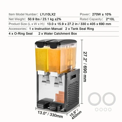 VEVOR Commercial Beverage Dispenser, 2 Tanks 10 L / 10.6 QT Per Tank Juice Dispenser, 270W Stainless Steel Ice Tea Drink Machine 7 VEVOR Commercial Beverage Dispenser, 2 Tanks 10 L / 10.6 QT Per Tank Juice Dispenser, 270W Stainless Steel Ice Tea Drink Machine - Image 7