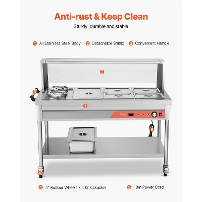 VEVOR Commercial Food Warmer,5 Pans+2 Pots Electric Steam Table,1800W Buffet Catering Food Warmer With Shield Undershelf Wheels,Stainless Steel,Silver 5 VEVOR Commercial Food Warmer,5 Pans+2 Pots Electric Steam Table,1800W Buffet Catering Food Warmer With Shield Undershelf Wheels,Stainless Steel,Silver - Image 5
