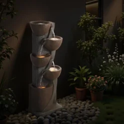 VEVOR Outdoor Water Fountain, 49.61 In Height Fountain And Waterfall,5-Tier Floor Standing Jar-Shaped Cascading Fountains With Light And Pump, Black