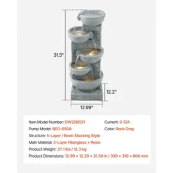 VEVOR Outdoor Water Fountain, 31.5 In Height Fountain And Waterfall, 5-Tier Floor Standing Bowl-Shaped Cascading Fountains With Light And Pump, Gray 14 VEVOR Outdoor Water Fountain, 31.5 In Height Fountain And Waterfall, 5-Tier Floor Standing Bowl-Shaped Cascading Fountains With Light And Pump, Gray -Aesthtic Interiors GUEST 59078b8a 08be 4380 aa74 6b8c4190fa81