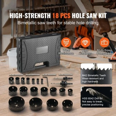 VEVOR Hole Saw Kit, 18 PCS Saw Blades, 6 Drill Bits, 1 Hex Wrench, General Purpose Size From 3/4" To 4-1/2", Bi Metal M42 Hole Saw Set, Black 2 VEVOR Hole Saw Kit, 18 PCS Saw Blades, 6 Drill Bits, 1 Hex Wrench, General Purpose Size From 3/4" To 4-1/2", Bi Metal M42 Hole Saw Set, Black - Image 2