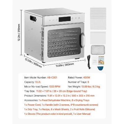 VEVOR Food Dehydrator Machine, 8 Stainless Steel Trays, 400W Electric Food Dryer With Adjustable Temperature & 24-Hour Timer, Freeze Dryer, Silver 7 VEVOR Food Dehydrator Machine, 8 Stainless Steel Trays, 400W Electric Food Dryer With Adjustable Temperature & 24-Hour Timer, Freeze Dryer, Silver - Image 7