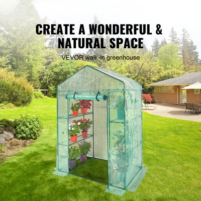 VEVOR Walk-in Green House, 4.6 X 2.4 X 6.7 Ft, Greenhouse With Shelves, High Strength PE Cover With Doors, Windows And Steel Frame,Set Up In Minutes 2 VEVOR Walk-in Green House, 4.6 X 2.4 X 6.7 Ft, Greenhouse With Shelves, High Strength PE Cover With Doors, Windows And Steel Frame,Set Up In Minutes - Image 2