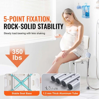 VEVOR Shower Chair, Shower Seat With Back, Adjustable Height Shower Stool, Shower Chair For Inside Shower Bathtub, 350 Lbs Capacity, White 2 VEVOR Shower Chair, Shower Seat With Back, Adjustable Height Shower Stool, Shower Chair For Inside Shower Bathtub, 350 Lbs Capacity, White - Image 2