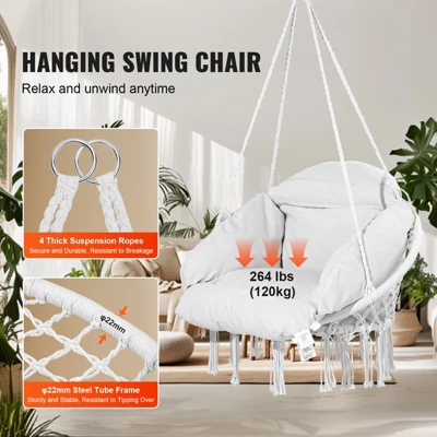 VEVOR Hanging Hammock Swing Chair, Macramé Hanging Chair With Cushion And Mounting Hardware, Cotton Rope Swing Chair, 264 Lbs Capacity, White 2 VEVOR Hanging Hammock Swing Chair, Macramé Hanging Chair With Cushion And Mounting Hardware, Cotton Rope Swing Chair, 264 Lbs Capacity, White - Image 2