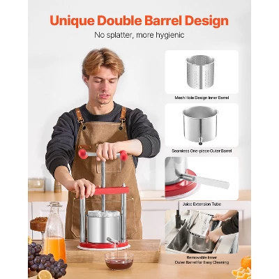 VEVOR 0.44 Gal/1.65L Fruit Wine Press, 2 Stainless Steel Barrels, Manual Juice Maker, Cider Apple Grape Tincture Honey Olive Oil Making Press, Red 5 VEVOR 0.44 Gal/1.65L Fruit Wine Press, 2 Stainless Steel Barrels, Manual Juice Maker, Cider Apple Grape Tincture Honey Olive Oil Making Press, Red - Image 5