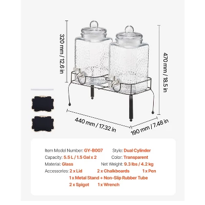 VEVOR Beverage Dispenser, 2 Pack 1.5 Gallon Drink Dispensers For Parties, Glass Juice Dispenser With Metal Stand, Stainless Steel Spigot, Clear 7 VEVOR Beverage Dispenser, 2 Pack 1.5 Gallon Drink Dispensers For Parties, Glass Juice Dispenser With Metal Stand, Stainless Steel Spigot, Clear - Image 7