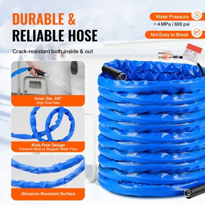 VEVOR 100ft Heated Water Hose For RV, Heated Drinking Water Hose With Corrugated Cover Antifreeze To -45°F, Automatic Self-regulating, 5/8" I.D. Blue 6 VEVOR 100ft Heated Water Hose For RV, Heated Drinking Water Hose With Corrugated Cover Antifreeze To -45°F, Automatic Self-regulating, 5/8" I.D. Blue - Image 6