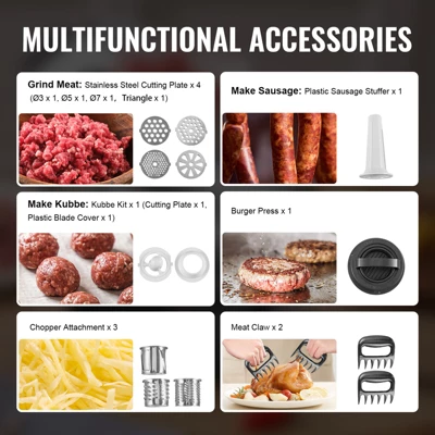 VEVOR Meat Grinder, 4.2 Lbs/Min Capacity Electric Meat Grinders With Blade, Grinding Plate, Sausage Maker, Kubbe Kit, Burger Press, Silver 3 VEVOR Meat Grinder, 4.2 Lbs/Min Capacity Electric Meat Grinders With Blade, Grinding Plate, Sausage Maker, Kubbe Kit, Burger Press, Silver - Image 3