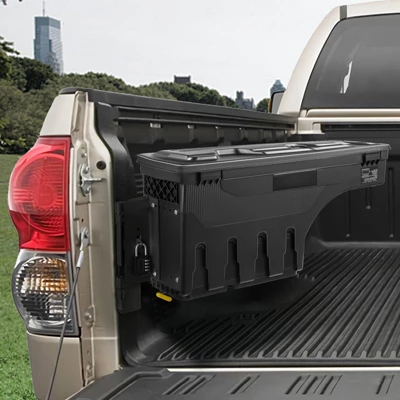 VEVOR Truck Bed Storage Box, Lockable Lid, Waterproof ABS Wheel Well Tool Box 6.6 Gal/20 L With Password Padlock, Black 1 VEVOR Truck Bed Storage Box, Lockable Lid, Waterproof ABS Wheel Well Tool Box 6.6 Gal/20 L With Password Padlock, Black