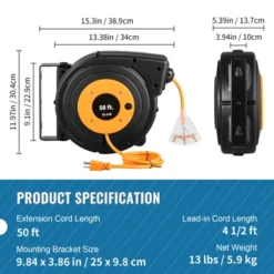 VEVOR Retractable Extension Reel, 50 FT 14AWG/3C SJTOW Power Cord With Lighted Triple Tap Outlet, 13 Amp Circuit Breaker, 180° Swivel Bracket -Aesthtic Interiors GUEST 6177e42d 22be 48e6 94af 216e040f3268