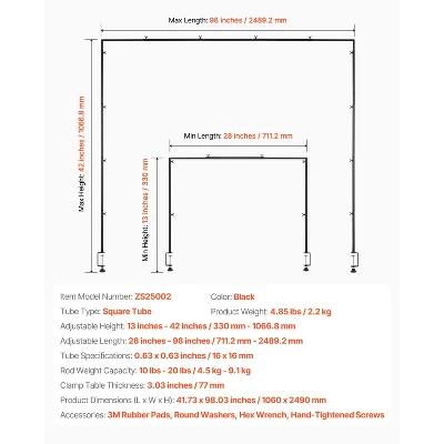 VEVOR Over The Table Rod Stand With Clamps, 13"-42" Tall & 28"-98" Length Adjustable, Metal Table Arch Stand, Tabletop Balloon Arch Frame, Black 7 VEVOR Over The Table Rod Stand With Clamps, 13"-42" Tall & 28"-98" Length Adjustable, Metal Table Arch Stand, Tabletop Balloon Arch Frame, Black - Image 7