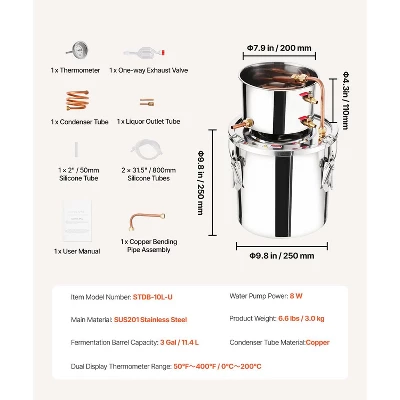 VEVOR Alcohol Still, 3 Gal / 11.4 L Stainless Steel Water Alcohol Distiller With Copper Coil, Home Brewing Refining Fermentation Kit, Silver 7 VEVOR Alcohol Still, 3 Gal / 11.4 L Stainless Steel Water Alcohol Distiller With Copper Coil, Home Brewing Refining Fermentation Kit, Silver - Image 7