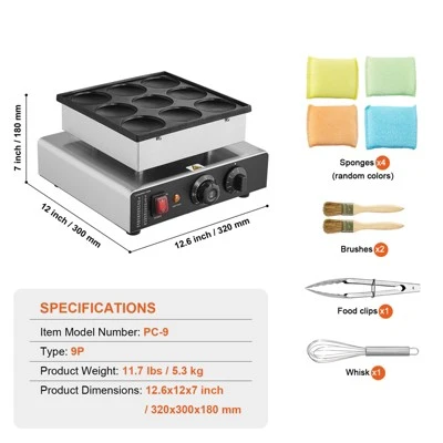 VEVOR Dutch Pancake Maker, 9PCS 76mm Diameter Dorayaki Baker Machine, 850W Commercial Electric Poffertjes Grill, Non-stick Stainless Steel 7 VEVOR Dutch Pancake Maker, 9PCS 76mm Diameter Dorayaki Baker Machine, 850W Commercial Electric Poffertjes Grill, Non-stick Stainless Steel - Image 7