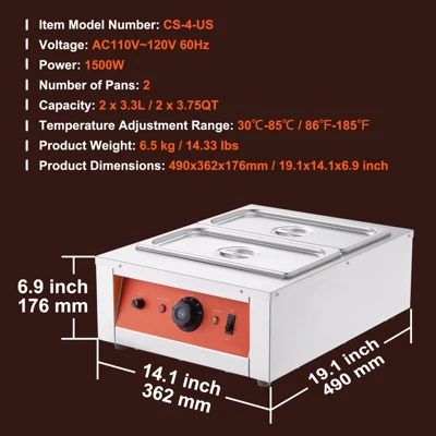 VEVOR Chocolate Tempering Machine, 17.6 Lbs 2 Tanks Chocolate Melting Pot TEMP Control 86~185℉,1500W Stainless Steel Electric Commercial Food Warmer 7 VEVOR Chocolate Tempering Machine, 17.6 Lbs 2 Tanks Chocolate Melting Pot TEMP Control 86~185℉,1500W Stainless Steel Electric Commercial Food Warmer - Image 7