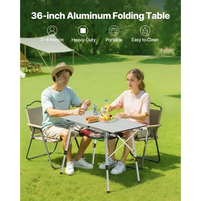 VEVOR Folding Camping Table, Portable Roll Up Side Tables, Lightweight Aluminum Beach Table With Adjustable Height, Top Mesh Layer, Silver 2 VEVOR Folding Camping Table, Portable Roll Up Side Tables, Lightweight Aluminum Beach Table With Adjustable Height, Top Mesh Layer, Silver - Image 2