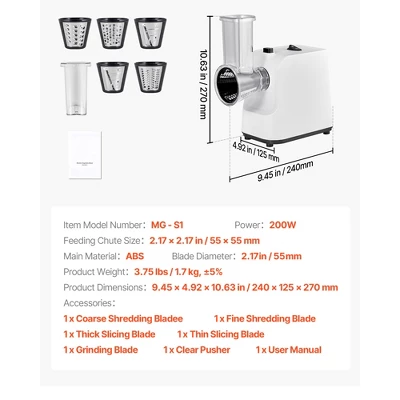 VEVOR Electric Cheese Grater Salad Maker, 200W Salad Shooter, Electric Vegetable Slicer Shredder Chopper For Fruits With 5 Attachments, White 7 VEVOR Electric Cheese Grater Salad Maker, 200W Salad Shooter, Electric Vegetable Slicer Shredder Chopper For Fruits With 5 Attachments, White - Image 7