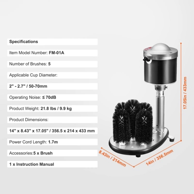 VEVOR Electric Commercial Glass Washer, 5-Brush Bar Glass Cleaner, 600 Cups/Hour Wine Glass Cleaning Machine, Bar Glass Washer, Black 7 VEVOR Electric Commercial Glass Washer, 5-Brush Bar Glass Cleaner, 600 Cups/Hour Wine Glass Cleaning Machine, Bar Glass Washer, Black - Image 7