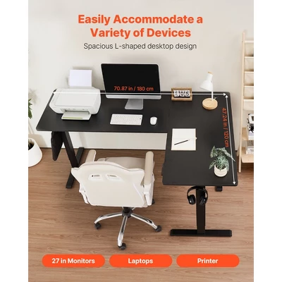 VEVOR L Shaped Desk, Electric Adjustable Height Corner Gaming Desk With Dual Hooks, Heavy Duty Carbon Steel L-Shaped Computer Table, Black 3 VEVOR L Shaped Desk, Electric Adjustable Height Corner Gaming Desk With Dual Hooks, Heavy Duty Carbon Steel L-Shaped Computer Table, Black - Image 3