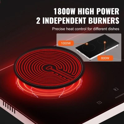 VEVOR Electric Cooktop, 24 Inch 2 Burners Built-in Electric Stove Top, 1800W Ceramic Top Radiant Cooktop With Glass Panel, Touch Control, Timer 2 VEVOR Electric Cooktop, 24 Inch 2 Burners Built-in Electric Stove Top, 1800W Ceramic Top Radiant Cooktop With Glass Panel, Touch Control, Timer - Image 2