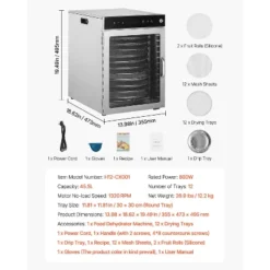 VEVOR Rotary Food Dehydrator Machine, 12 Stainless Steel Trays, 800W Electric Food Dryer With Adjustable Temperature & 24-Hour Timer, Silver -Aesthtic Interiors GUEST 66fd52c0 bd88 4455 9063 6b8aac7cf378