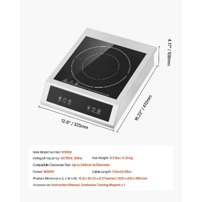 VEVOR Portable Induction Cooktop, 1800W Commercial Induction Burner With 9 Temperature Settings, Stainless Steel Countertop Induction Hot Plate 7 VEVOR Portable Induction Cooktop, 1800W Commercial Induction Burner With 9 Temperature Settings, Stainless Steel Countertop Induction Hot Plate - Image 7