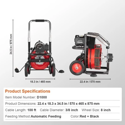 VEVOR Drain Cleaner Machine 100FT X 3/8 Inch, Auto Feed Sewer Snake Auger On Wheels, 370W Portable Drain Cleaning Machine With 8 Cutters, Black 7 VEVOR Drain Cleaner Machine 100FT X 3/8 Inch, Auto Feed Sewer Snake Auger On Wheels, 370W Portable Drain Cleaning Machine With 8 Cutters, Black - Image 7