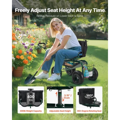 VEVOR Garden Seat With Wheels, Rolling Garden Stool With Height Adjustable & 360° Swivel Seat, 400lbs Weight Capacity, Gardening Cart Bench, Green 2 VEVOR Garden Seat With Wheels, Rolling Garden Stool With Height Adjustable & 360° Swivel Seat, 400lbs Weight Capacity, Gardening Cart Bench, Green - Image 2