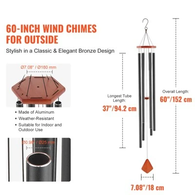 VEVOR Wind Chimes For Outside, 60 In, Deep Tone Wind Chimes With 6 Tubes, Unique Large Memorial Wind Chimes For Anniversary, Black 2 VEVOR Wind Chimes For Outside, 60 In, Deep Tone Wind Chimes With 6 Tubes, Unique Large Memorial Wind Chimes For Anniversary, Black - Image 2