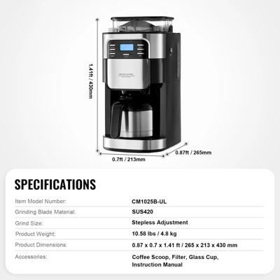 VEVOR Coffee Maker With Grinder, 8 Cup Coffee Machine, Grind And Brew Coffee Maker With 3 Brew Strength Control, 24-Hour Timer For Auto Brew 7 VEVOR Coffee Maker With Grinder, 8 Cup Coffee Machine, Grind And Brew Coffee Maker With 3 Brew Strength Control, 24-Hour Timer For Auto Brew - Image 7