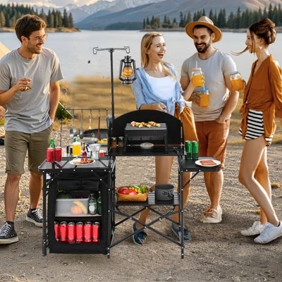 VEVOR Camping Kitchen Table, Outdoor Camp Cooking Table, Aluminum Portable Cook Station With Storage Cupboard, Carrying Bag, Black 1 VEVOR Camping Kitchen Table, Outdoor Camp Cooking Table, Aluminum Portable Cook Station With Storage Cupboard, Carrying Bag, Black