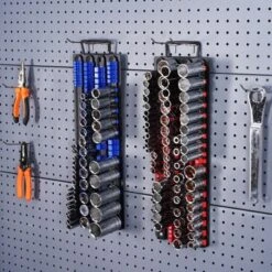 VEVOR Socket Organizer Tray, 2PCS Metric & SAE Socket Organizer Set Hold Up To 160 Sockets, 1/4", 3/8" And 1/2" Heavy-Duty Socket Rail Red+Blue