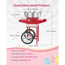 VEVOR Electric Cotton Candy Machine With Cart, 1000W Commercial Candy Floss Maker With 20.5 In Stainless Steel Bowl, Sugar Scoop, And Drawer, Red -Aesthtic Interiors GUEST 6c105ef4 cb6a 491c b598 4094d38009e4