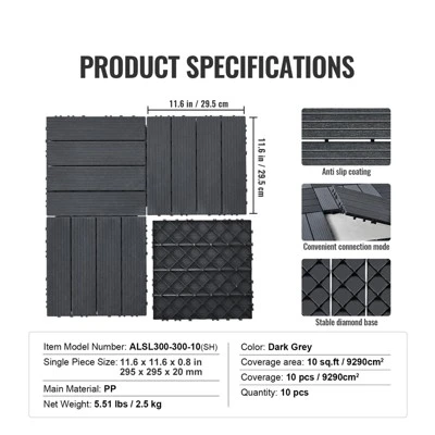VEVOR Interlocking Deck Tiles, 10 Pack,12"x12" 10 Sq. Ft Plastic Waterproof Outdoor Flooring All Weather Use, Patio Floor Decking Covering Tiles 7 VEVOR Interlocking Deck Tiles, 10 Pack,12"x12" 10 Sq. Ft Plastic Waterproof Outdoor Flooring All Weather Use, Patio Floor Decking Covering Tiles - Image 7