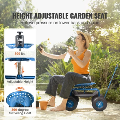 VEVOR Garden Cart Rolling Workseat With Wheels, 360 Degree Swivel Seat, Wagon Scooter With Steering Handle & Utility Tool Tray, Use, Blue 2 VEVOR Garden Cart Rolling Workseat With Wheels, 360 Degree Swivel Seat, Wagon Scooter With Steering Handle & Utility Tool Tray, Use, Blue - Image 2