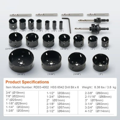 VEVOR Hole Saw Kit, 18 PCS Saw Blades, 6 Drill Bits, 1 Hex Wrench, General Purpose Size From 3/4" To 4-1/2", Bi Metal M42 Hole Saw Set, Black 7 VEVOR Hole Saw Kit, 18 PCS Saw Blades, 6 Drill Bits, 1 Hex Wrench, General Purpose Size From 3/4" To 4-1/2", Bi Metal M42 Hole Saw Set, Black - Image 7