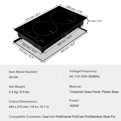 VEVOR Electric Cooktop, 2 Burners, 12'' Induction Stove Top, Built-in Magnetic Cooktop 1800W, 9 Heating Level Multifunctional Burner 7 VEVOR Electric Cooktop, 2 Burners, 12'' Induction Stove Top, Built-in Magnetic Cooktop 1800W, 9 Heating Level Multifunctional Burner - Image 7